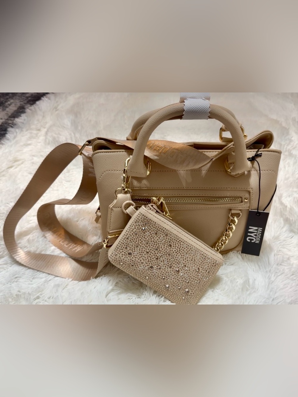 Beige Leather Shoulder Bag with Rhinestone Pouch